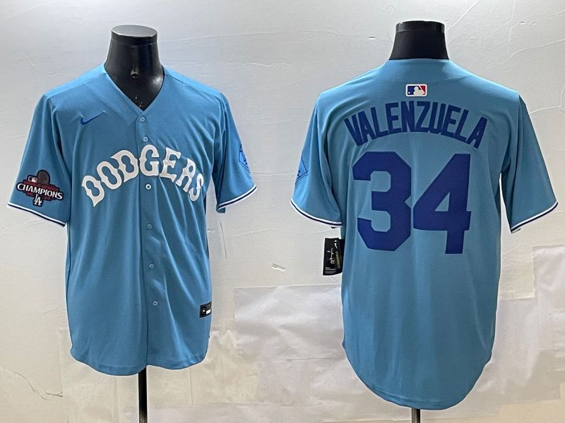 Men Los Angeles Dodgers 34 Valenzuela Light Blue Joint Name 2025 Nike MLB Jersey style 31613
